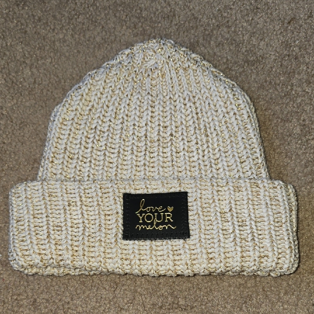 Love Your Melon Cream and Gold Knit Beanie